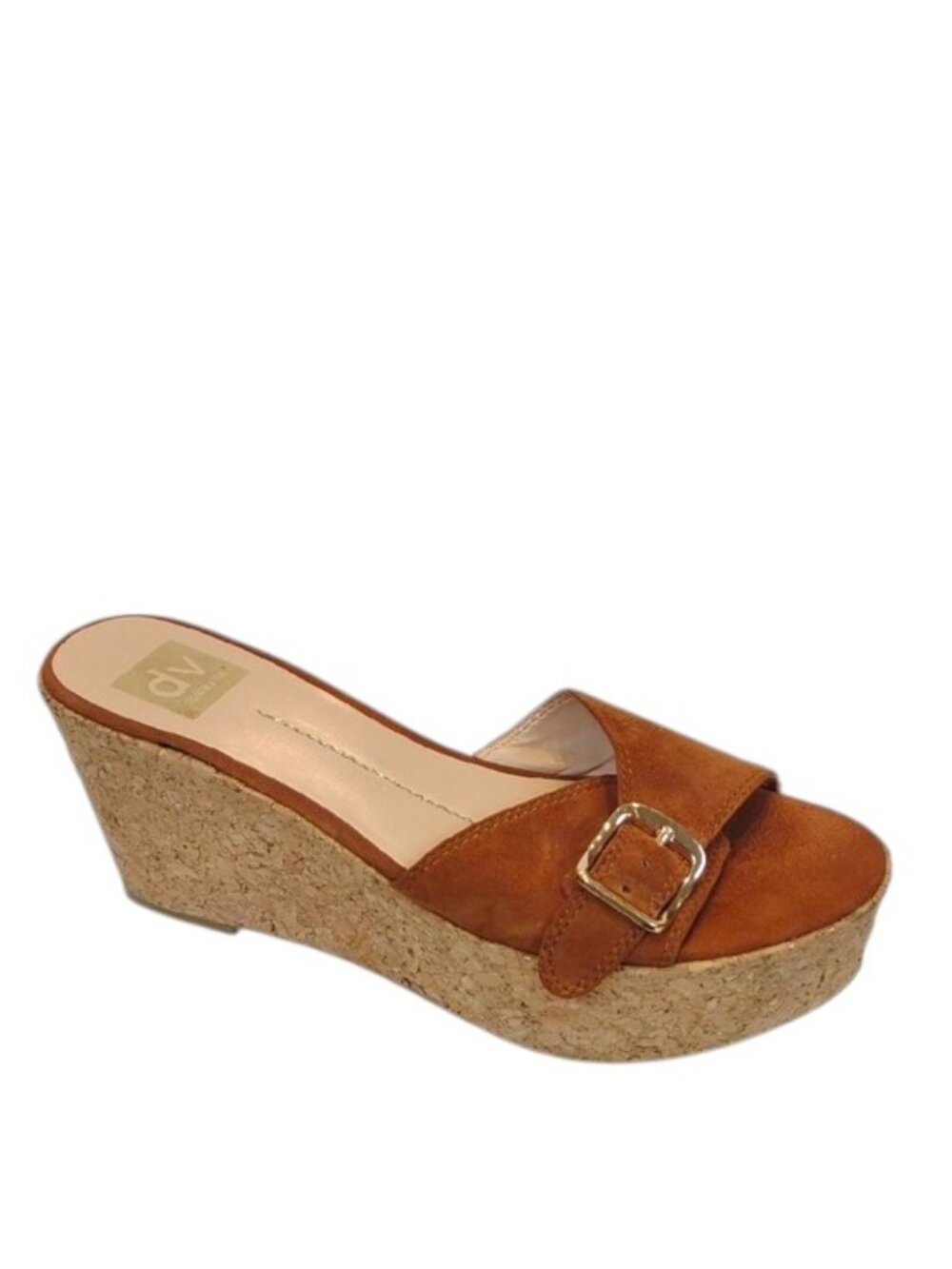 Dolce Vita Hazelwood Brown Suede Cork Wedge Slide with Gold-Tone Buckle Detail
